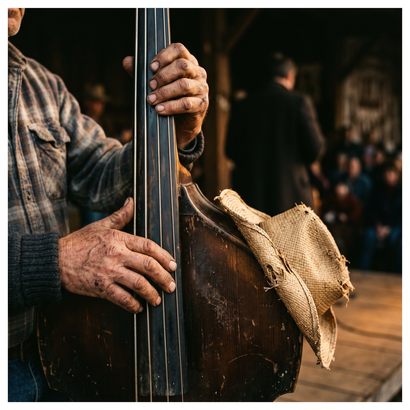 Close view of weathered, work-worn hands on the neck and body of an old upright bass, a frayed straw hat hung on the instrument