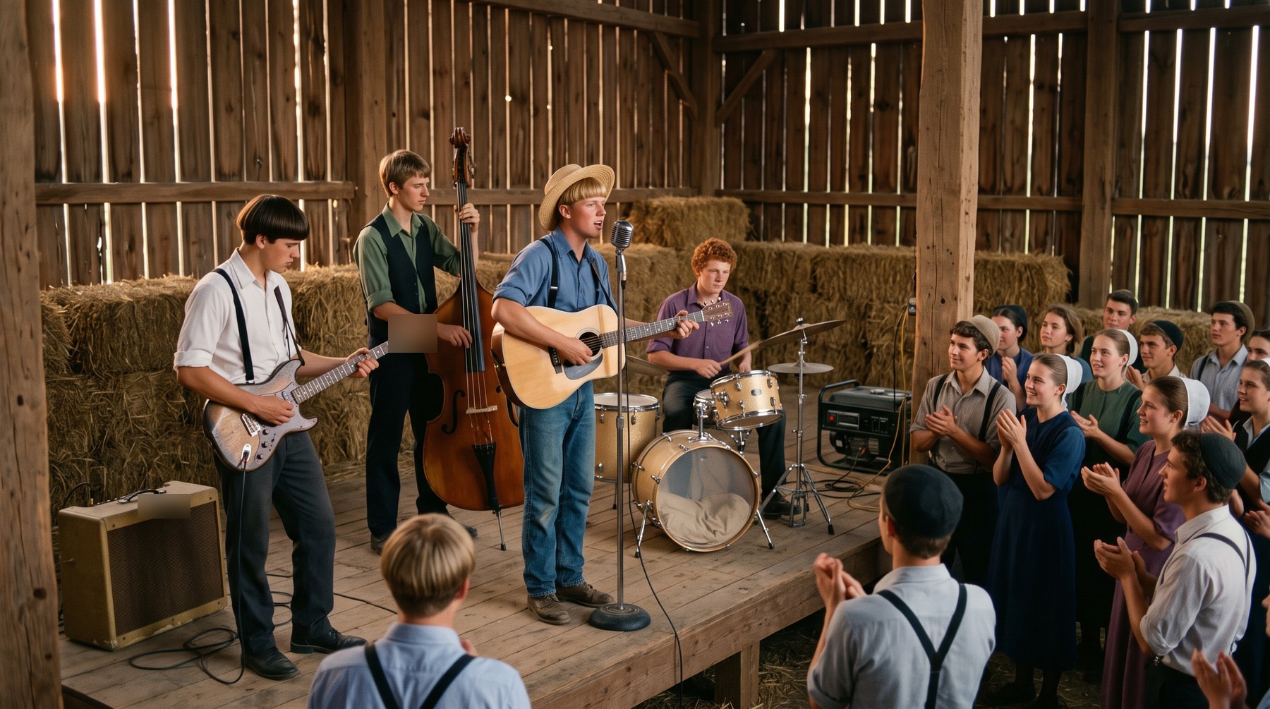 Four young men in plain clothes playing guitar, electric guitar, upright bass and drums on a plank stage in a hay barn, a portable generator beside them and a crowd of young people clapping