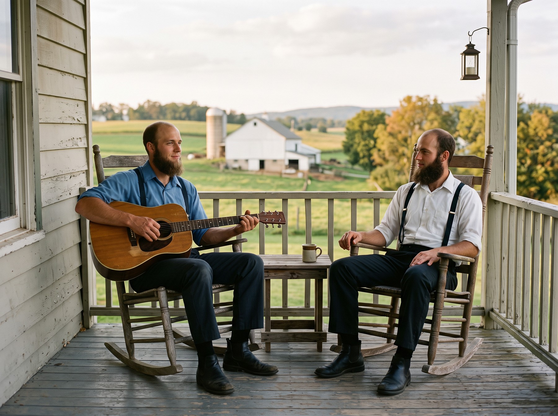 Two bearded men in plain dress in rocking chairs on a farmhouse porch, one playing an acoustic guitar, a white barn and silo in the fields behind